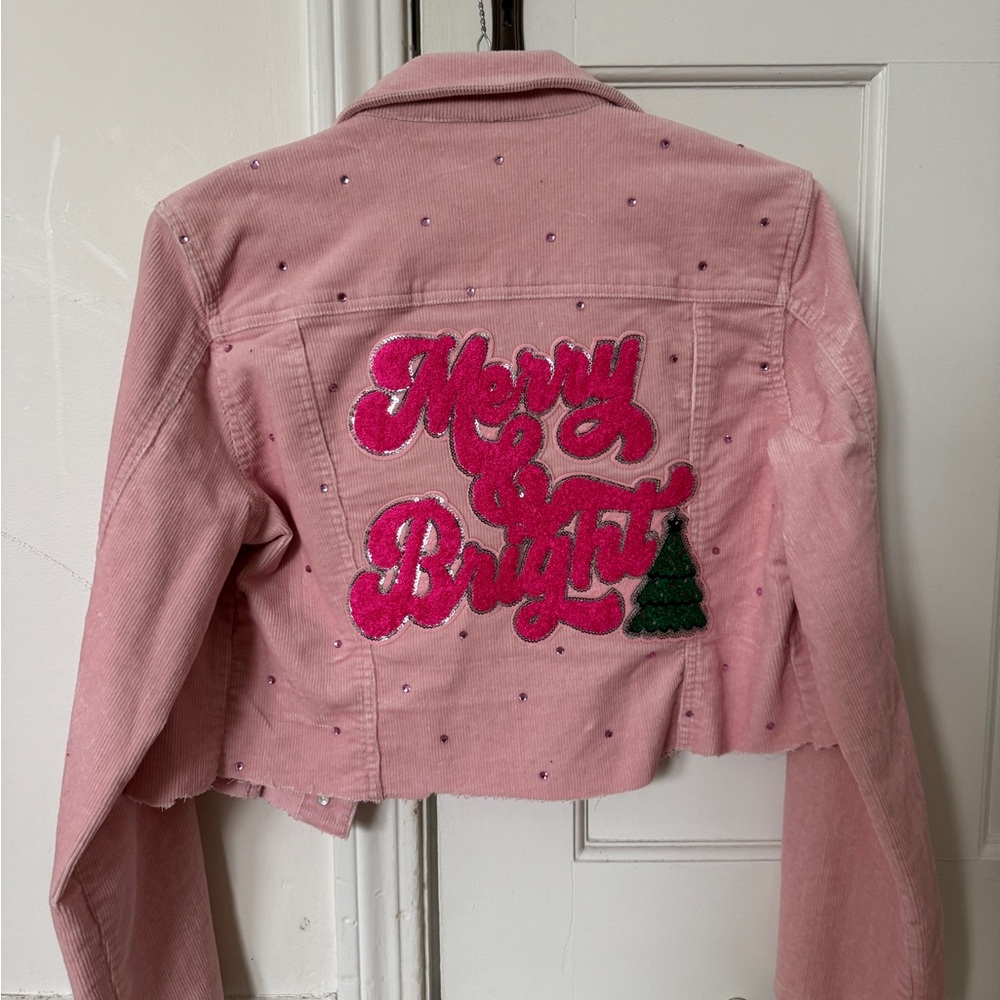 Upcycle Christmas Pink Corduroy Jacket - Custom sequin sparkle holiday jacket